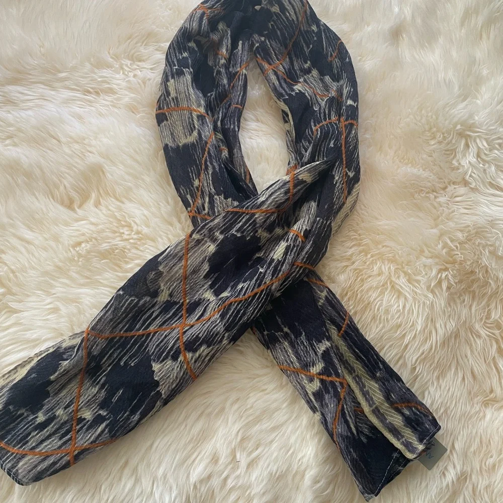 Anna Kaszer Paris NWT Lightweight Wool Scarf Navy Blue Orange Cream 20 x 64